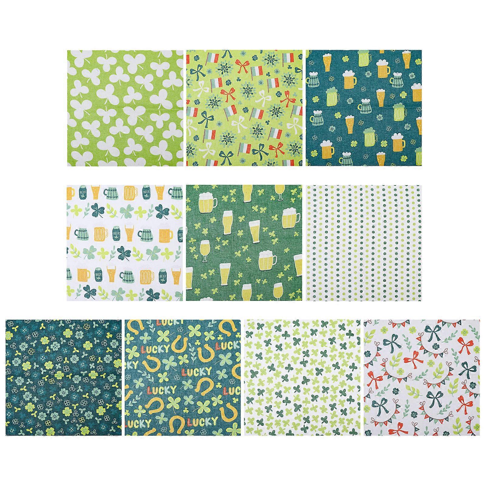 10 Sheets St Patrick Day Clover Printed Cotton Fabric Patchwork for DIY Craft