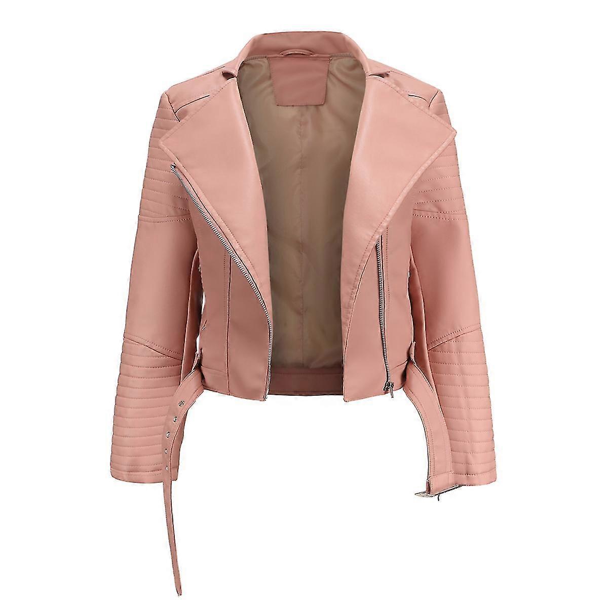 Naiwang Women's Solid Color Simple Slim Short Zip Lace-up Lapel Leather Jacket