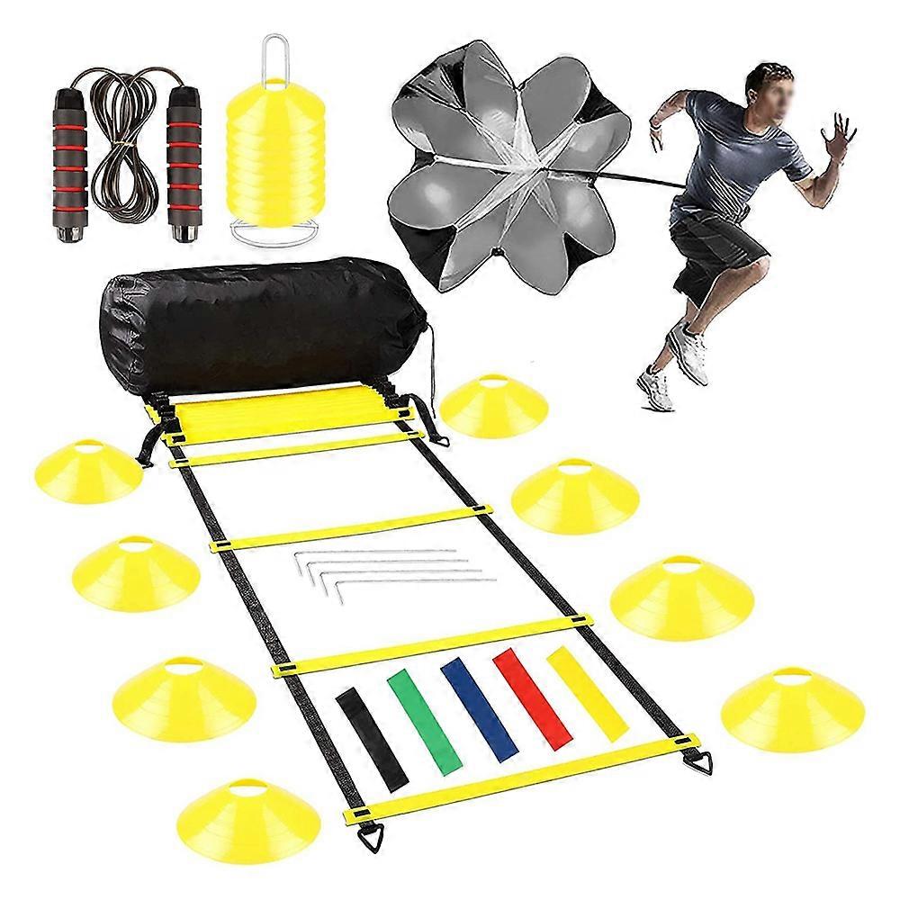 مجموعة تدريب كرة القدم ، سلم سرعة خفة الحركة ، سلم التنسيق ، مجموعة ملحقات التدريب - بما في ذلك سلم تدريب 6 أمتار ، 8 × مخاريط للتعرج ، المقاومة