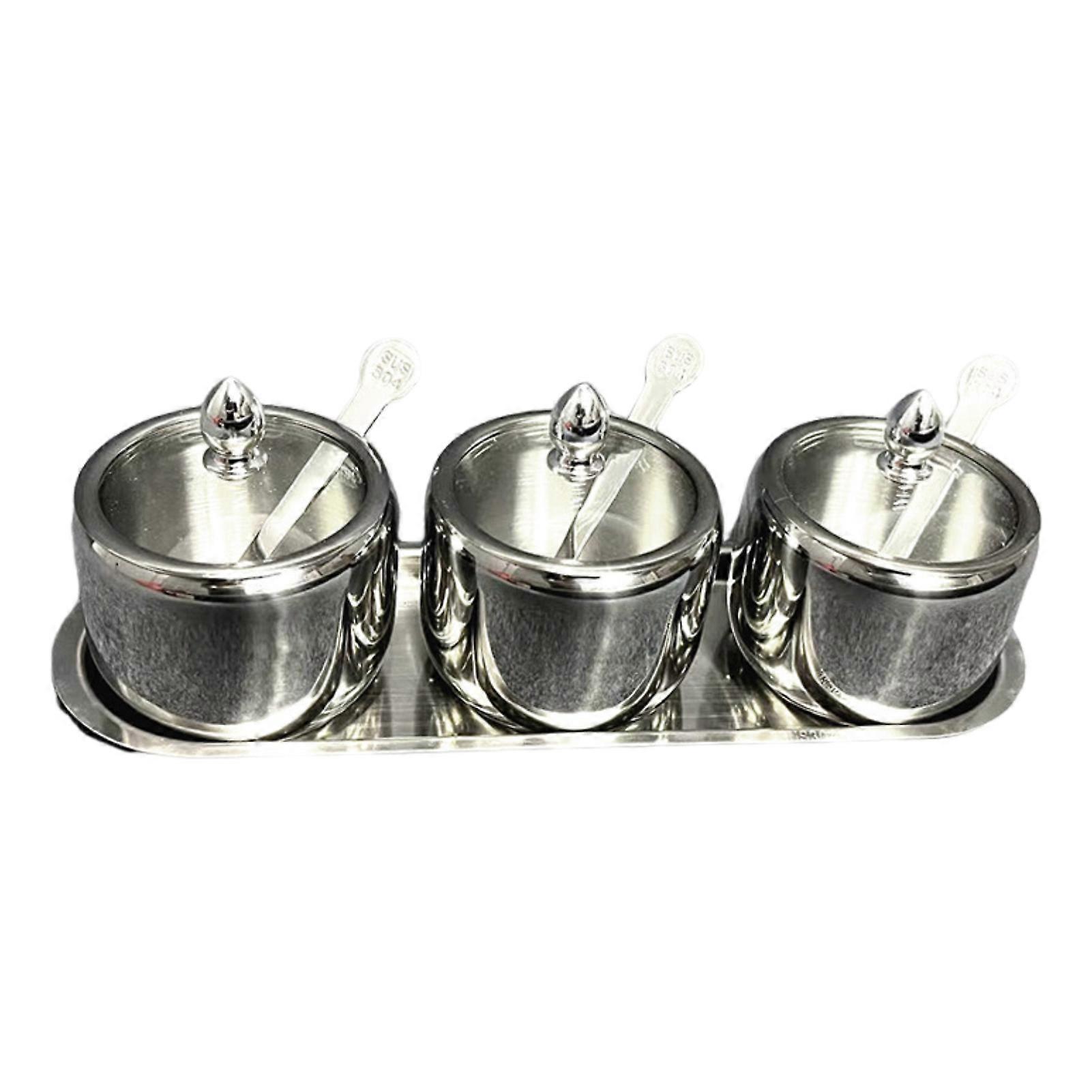 Stainless Steel Seasoning Containers Set with Lid Spoon Tray 3 Grids Condiment Jar Spice Container Canisters Pots for Serving Sugar Pepper Salt Spice