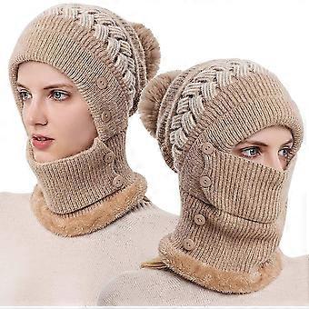 Women Winter Warm Knitted Cap Hat Neck Warmer Sets, Double Layer Fleece Lined Beanie Hat, Khaki