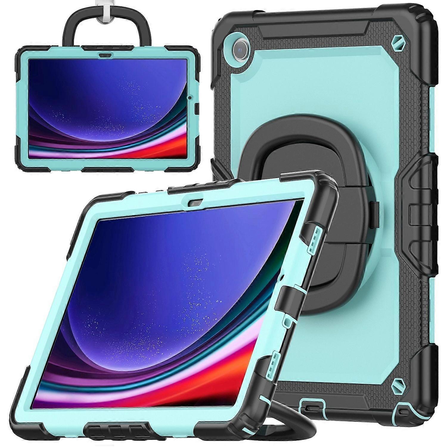 For Samsung Galaxy Tab A9 Plus Adjustable Outdoor Hybrid 360 Degree Case with Shoulder Strap Black/Light Blue
