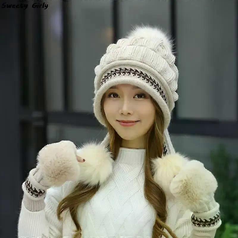 Iarnă tricotat pălărie femei bomber pluș pălării de zăpadă pompon feminin solid hip-hop căciulă în aer liber pentru protecția urechilor