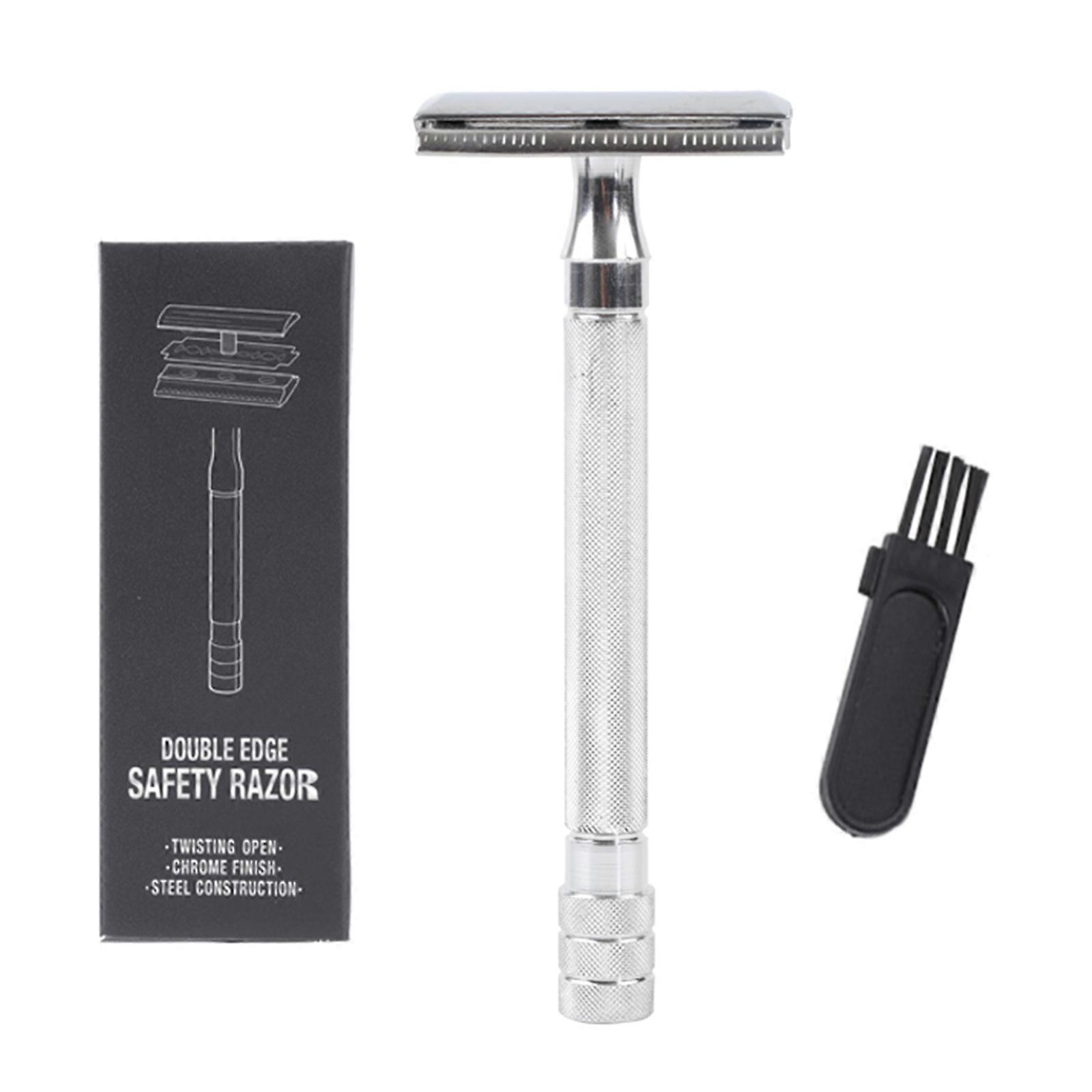 Manual Short Handle Double Edge Safety for Razor for Men Double Edge for Razor with Black Cleaning Brush for Men's Smoot Silver
