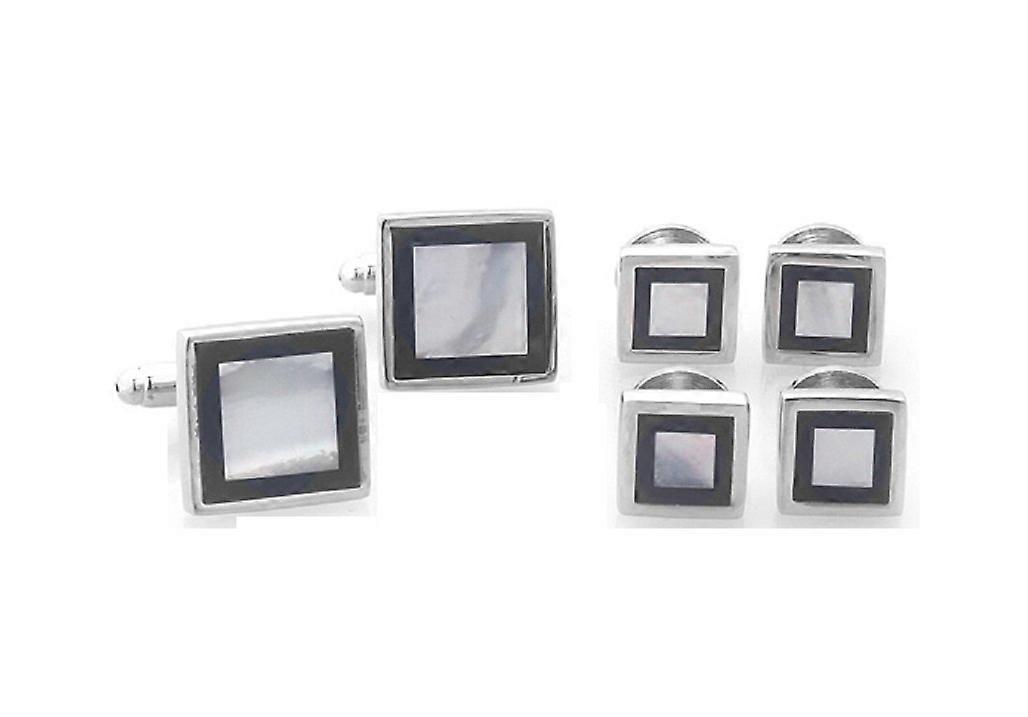 Mother of Pearl Onyx Square Frame Tuxedo Cufflinks and Earrings Set with Gift Box and Polishing Cloth