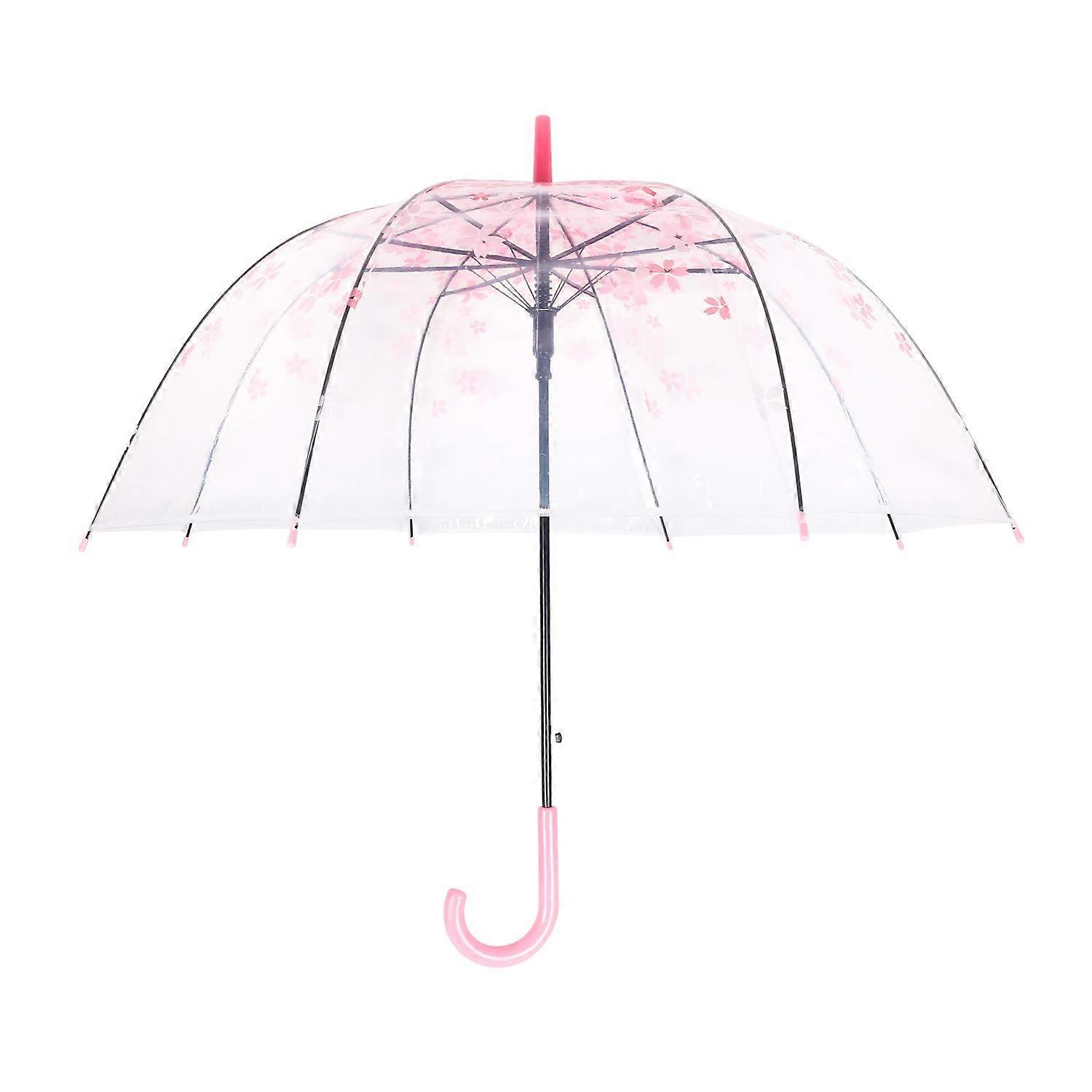 Windproof Transparent Cherry Pink Belt Umbrella with Long Handle Elegant Design KS11 for Rain Protection