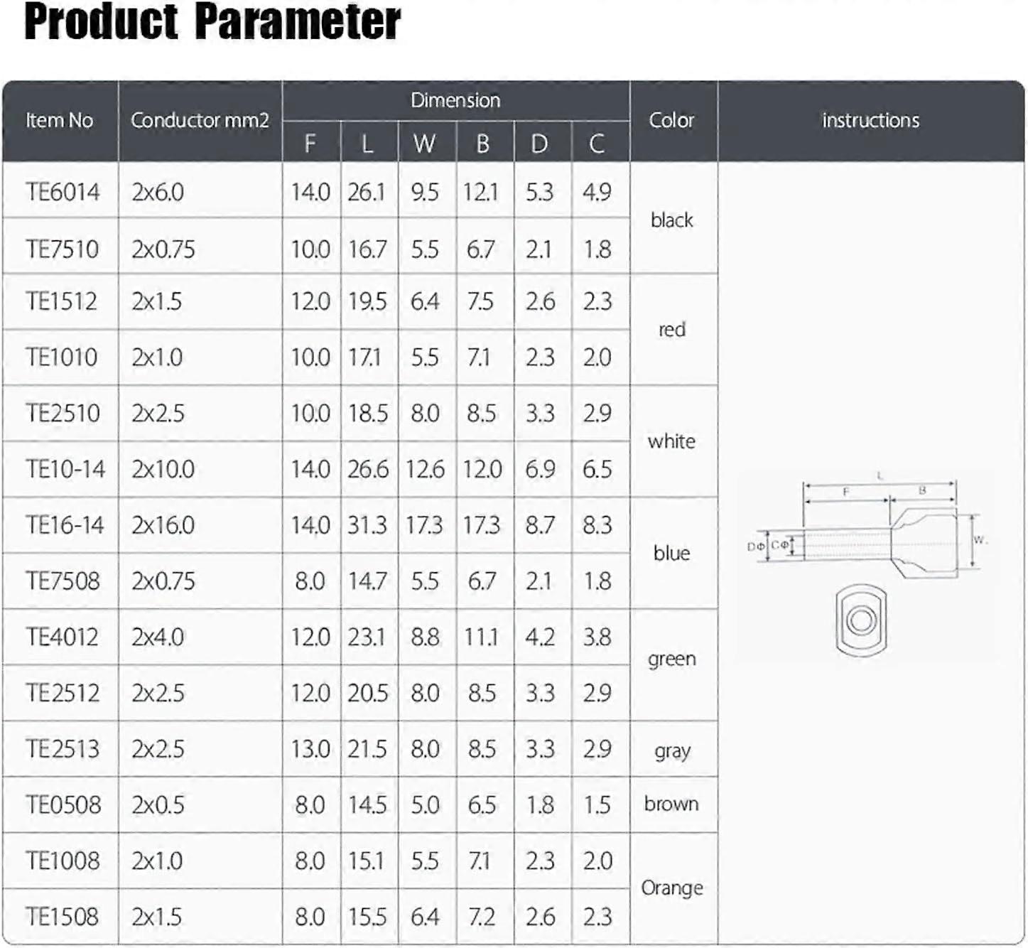 Red Copper Insulated Ferrules Cord End Crimp Terminal Double-Wire Connector Pin 100 Pcs TE7508 Black TE16-14