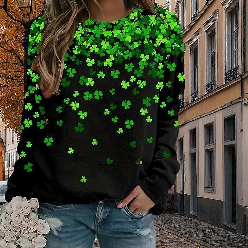 Höst & Vår Kläder Hjärtformad Klöver Tryck Tröja Toppar För Kvinnor Rund Hals Långärmad