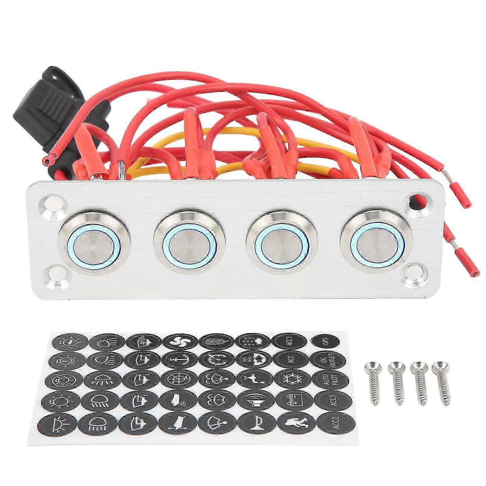 4 Gang Switch Panel Blue Light DC 12V 16A Stainless Steel Button Switch for Recreational Vehicle
