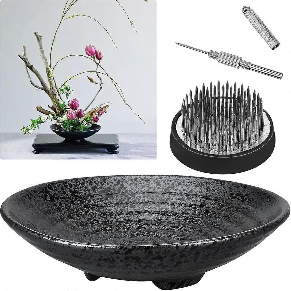 Kit Ikebana Floral Sapo Recipiente de Flores com Ferramenta de Endireitamento de Agulha - 1.8 polegadas Sapo de Flor Preta, 6.7 polegadas Vaso de Tigela