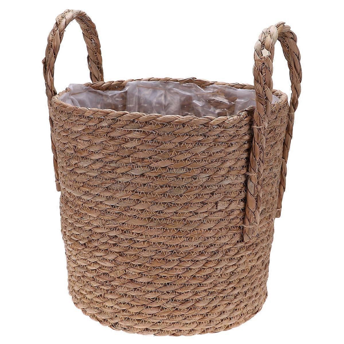 Woven Linen Flowerpot Storage Basket with Double Thick Handles, Multipurpose Plant Container for Indoor Use, Light Brown, for Home Decor, Office, and