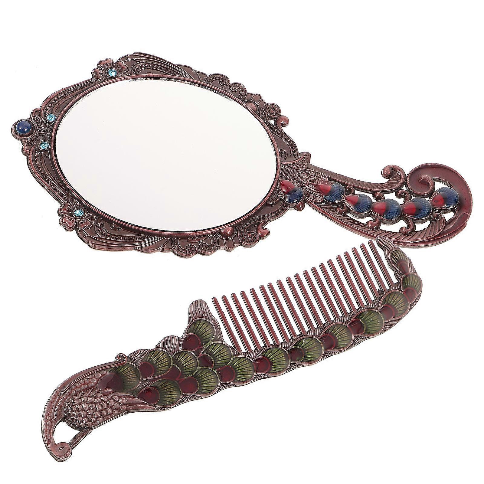 Retro Makeup Mirror With Comb Compact Size For Desk Drawer Purse 1Set