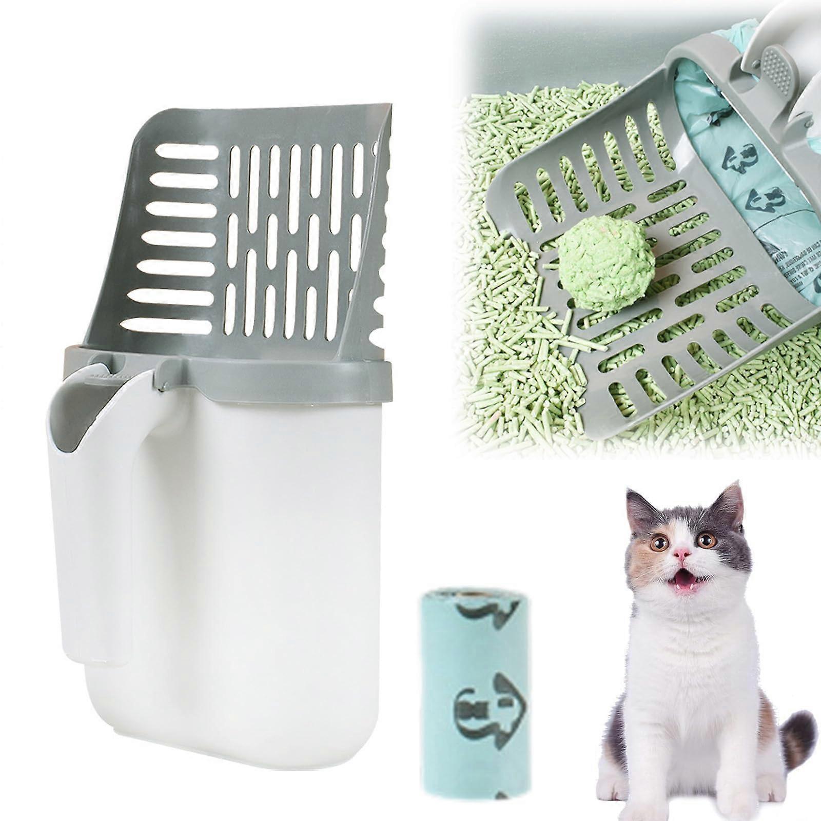 Integrated Cats Litter Scooper 2-In-1 With Detachable Deep Shovel Holder Cat Litter Scoop Includes 1 Roll Of Garbage Bags