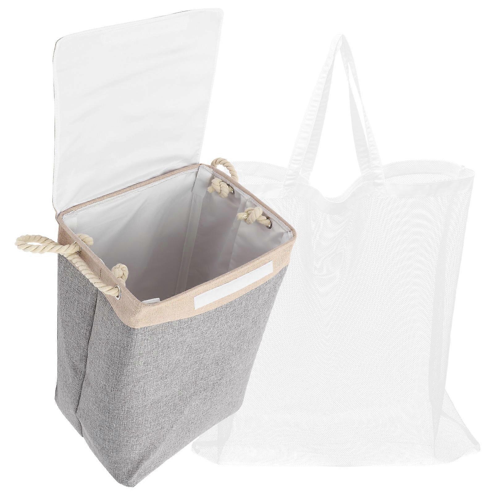 Grey Foldable Laundry Basket with Breathable Mesh for Storage Use Large Capacity and 1 Set