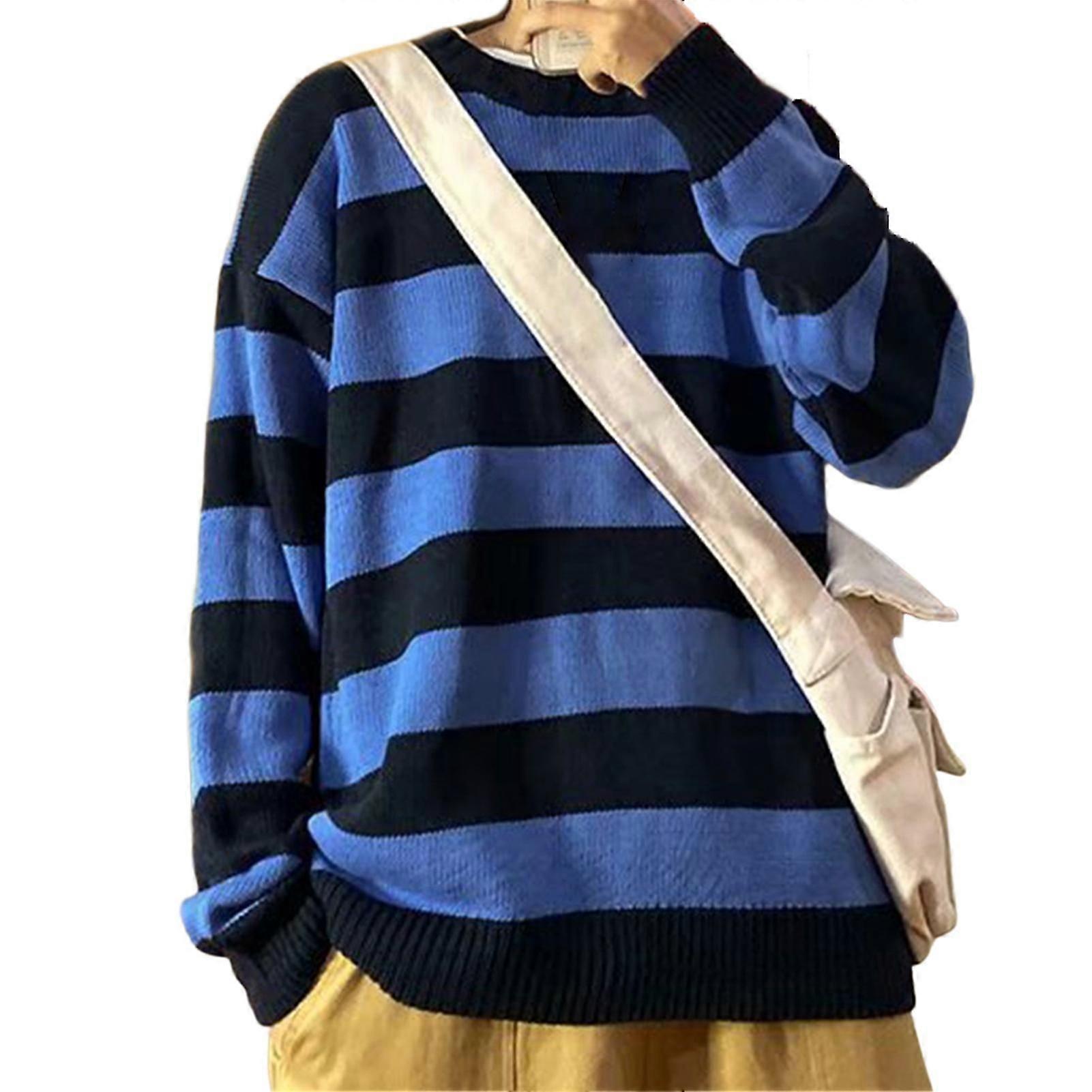 Men Autumn Sweater Warm Round Neck Long Sleeves Pullover Comfortable Striped Contrast Color Crew Neck Winter Sweater Men Clothes