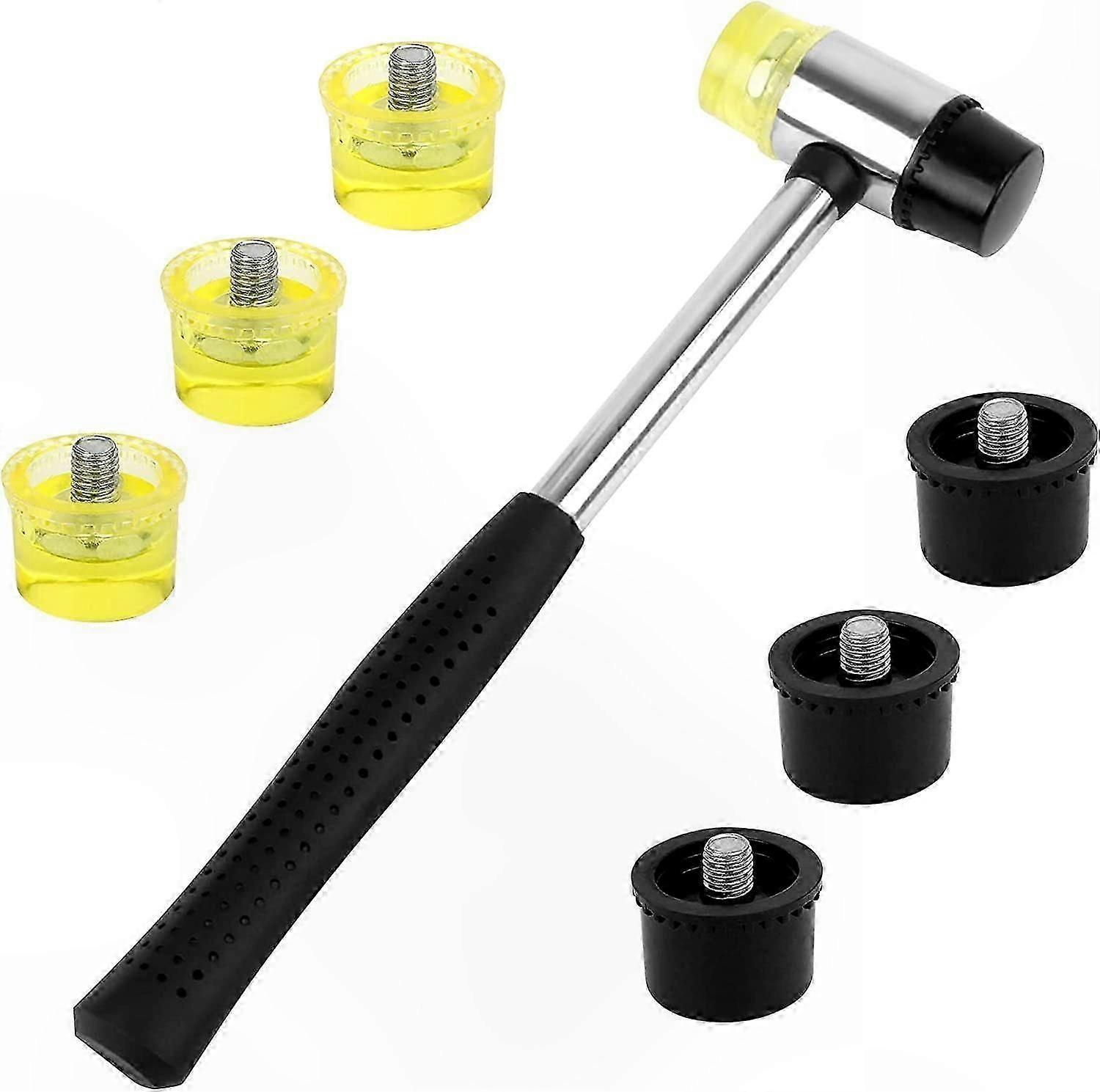 Double-Sided Rubber Mallet with 6 Replaceable Faces, Non-Slip Handle, Black & Yellow