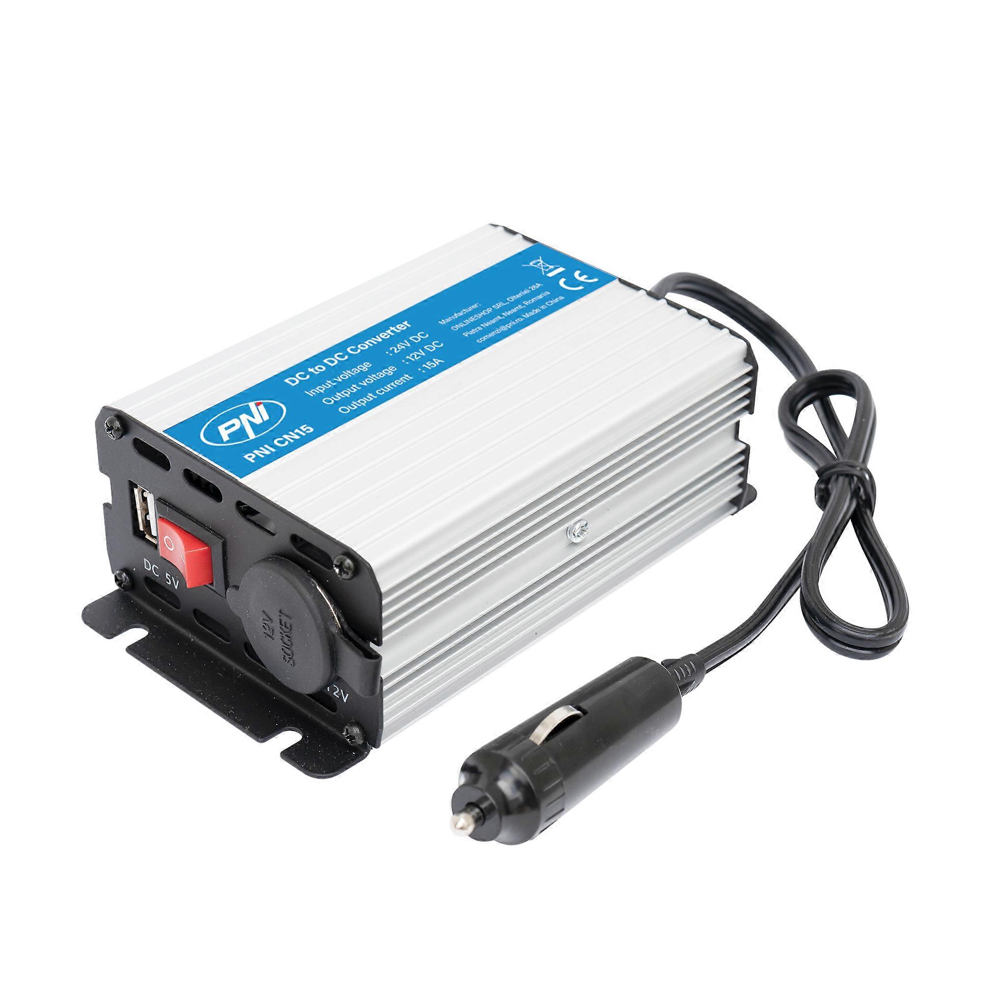 PNI CN15 Voltage Converter 180W, 24V-12V, 15A, USB 2.0, Output Short Circuit Protection