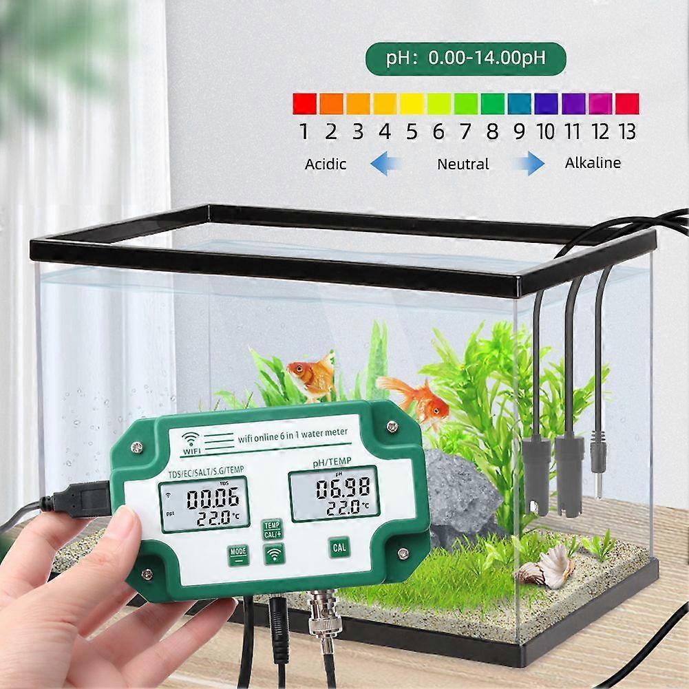 6 in 1 Water Quality Tester Tuya WiFi Multi-Parameter Water Quality Monitor Digital PH/Total Dissolved Solids/EC/S.G/Salt/Temp Meter for Aquarium Aqua