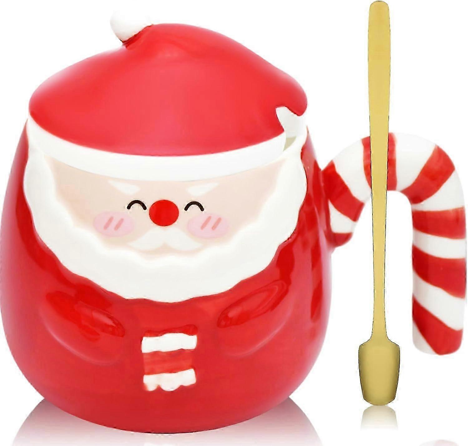 16 oz Christmas Santa Claus Mug with Lid and Spoon Decorations, Winter Xmas Holiday Birthday Tabletop Drinkware Teacup Gifts