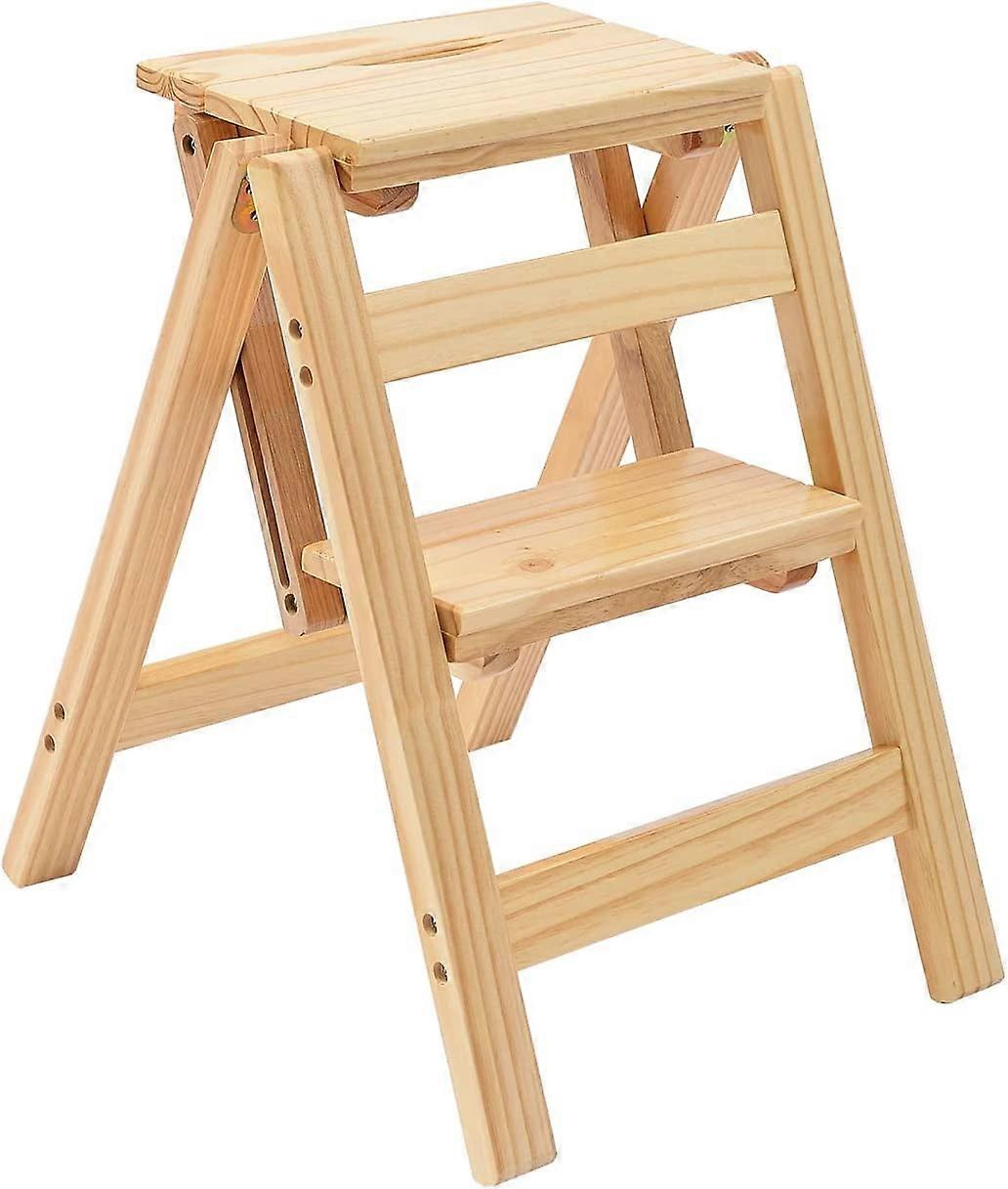 Folding Step Stool 2 Tier, Solid Wood Step Ladder, Multi-Color Household Step Stool for Office & Home, Natural, 2 Step, 330lbs Capacity