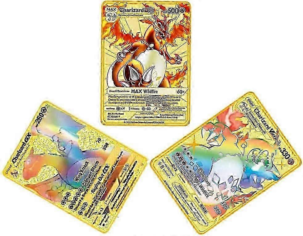 Charizard بطاقة معدنية مطلية بطاقات قوس قزح الذهبي بطاقة ذهبية Vmax Dx Gx بطاقات جمع نادرة جدا، لهواة الجمع والأطفال