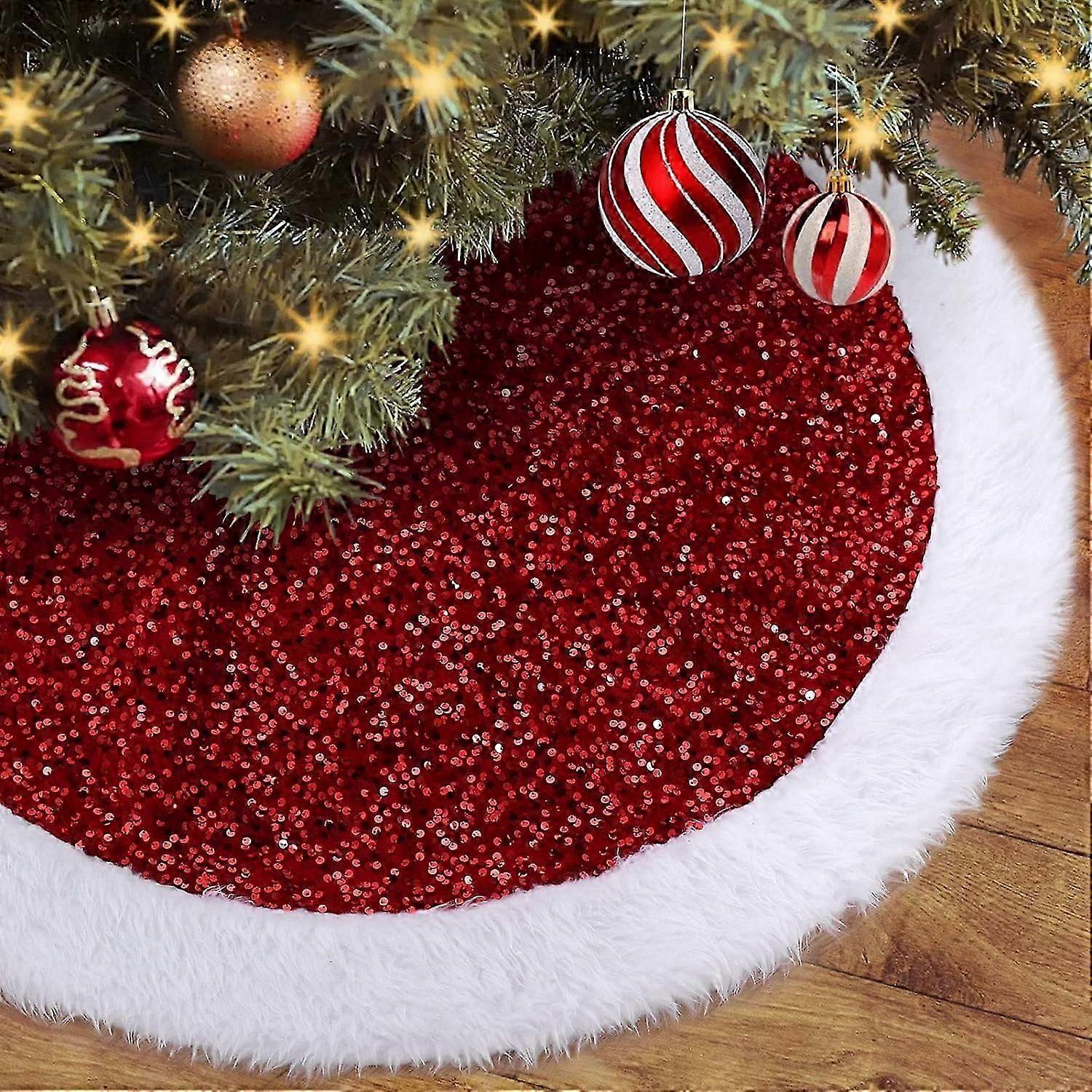 Festive Red Tree Skirt with Sequins and Faux Fur, 90cm Double Layer Christmas Decor