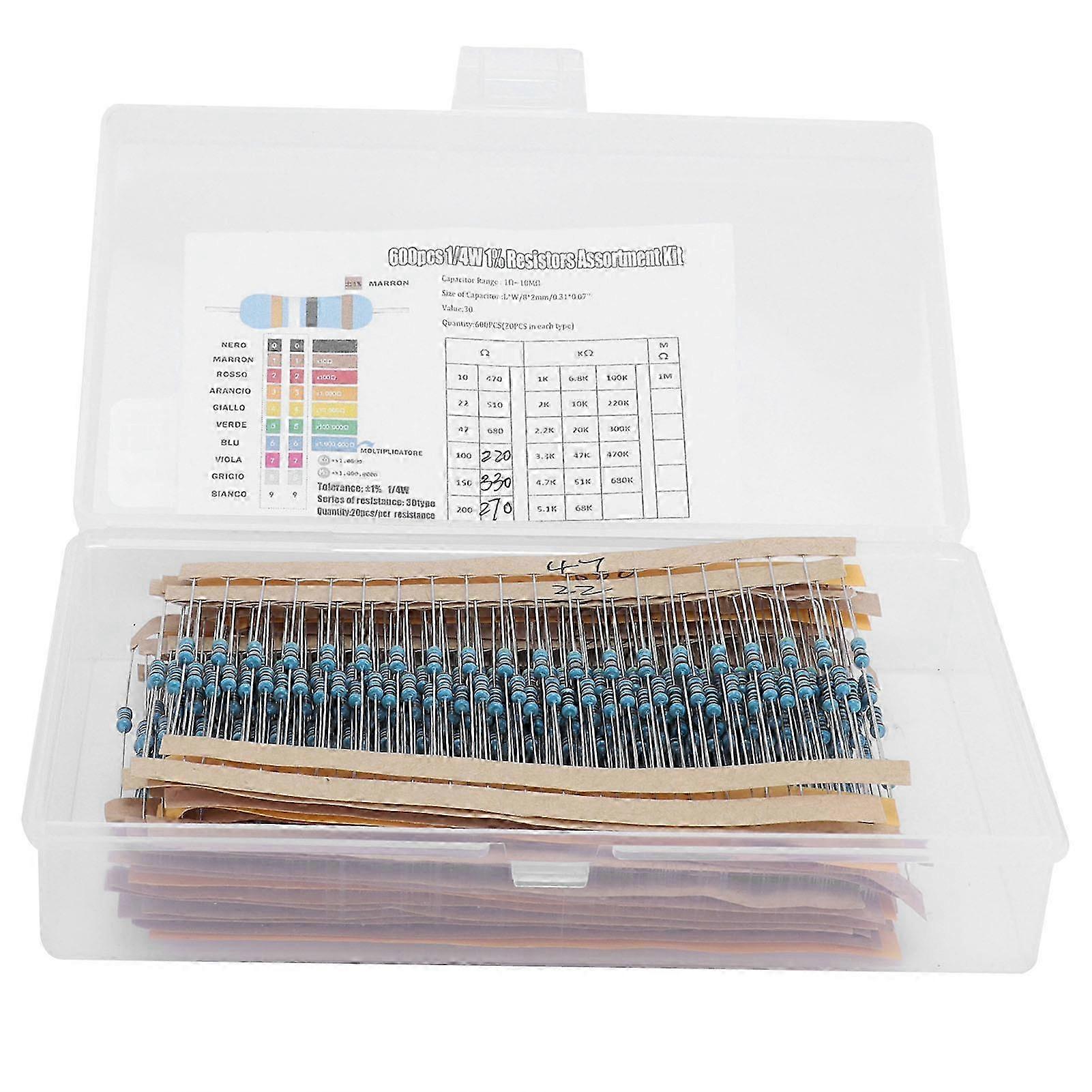 25-26 600Pcs Resistor Assortment Kit 30 Values 1% Metal Film Resistance Components 1/4W 10Ω1MΩ