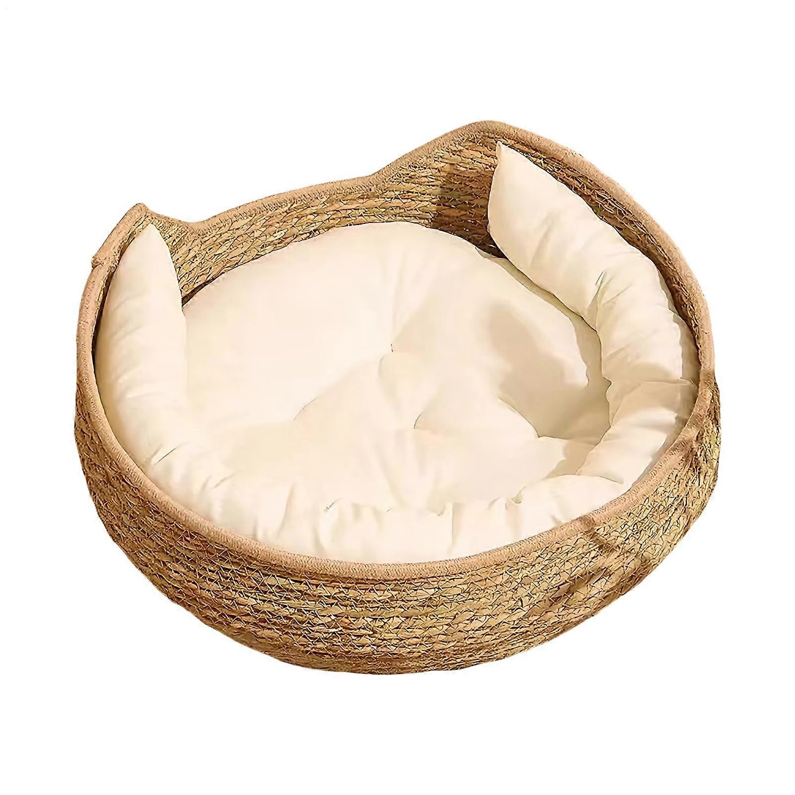 Cotton Woven Cat Bed Basket With Removable Cushion, Small Portable Nest Bed For Kitten Or Puppy Small