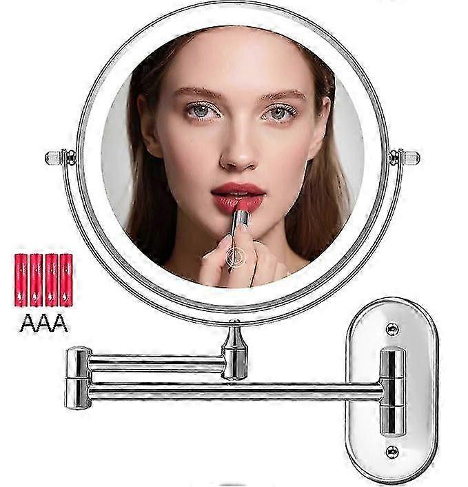 Lighting wall mounted makeup mirror, 8-inch double-sided magnifying glass with 10X light, 3-color adjustable shaving mirror, 360 degree rotating folda