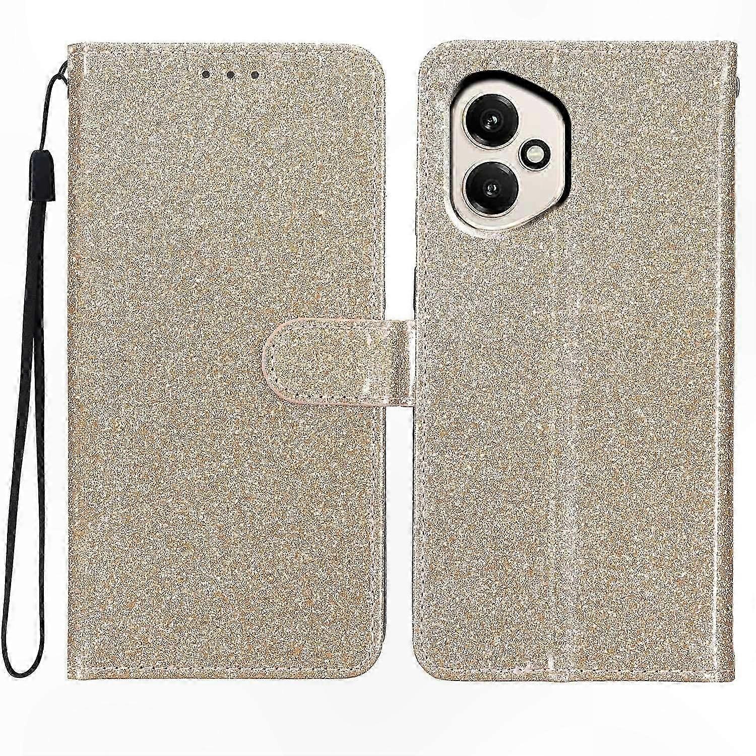 Glitter Leather Wallet Case with Strap for 5G Phone - Anti-Scratch Stand Cover