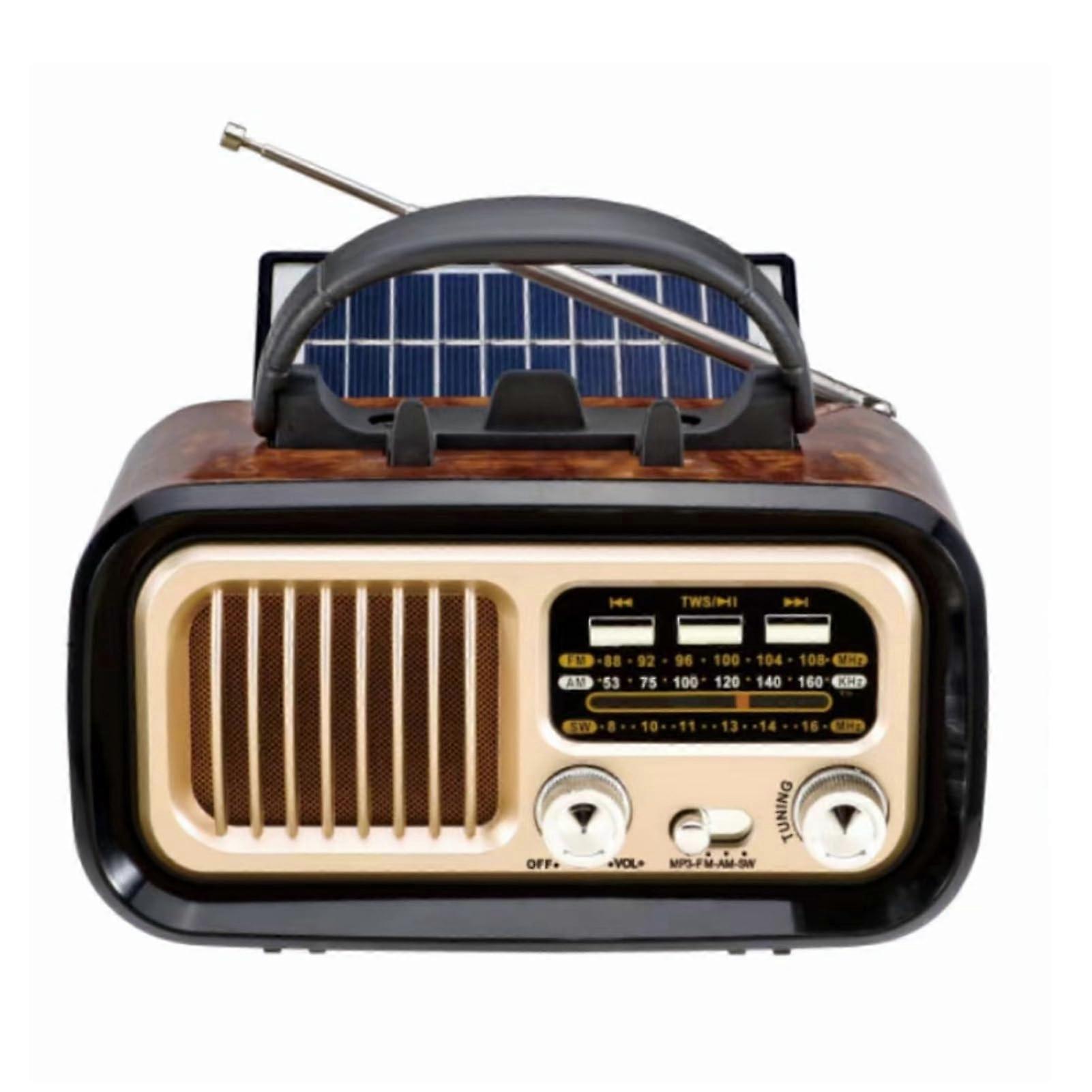 Portable Radio AM FM SW, Retro Transistor Radio Bluetooth Speaker, Solar/DBattery USB Rechargeable, TF/USB, Black