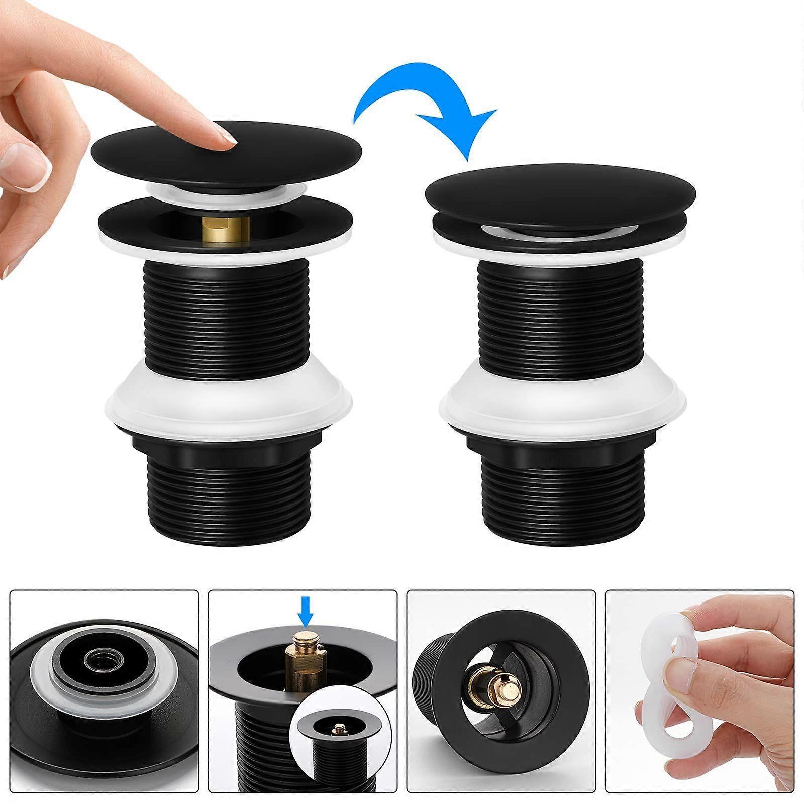 Black Basin Drain Without Overflow, Universal Pop Up Basin Drain Anti-Block Corrosion Resistant Automatic Brass Drain, Accessories for Kitchens