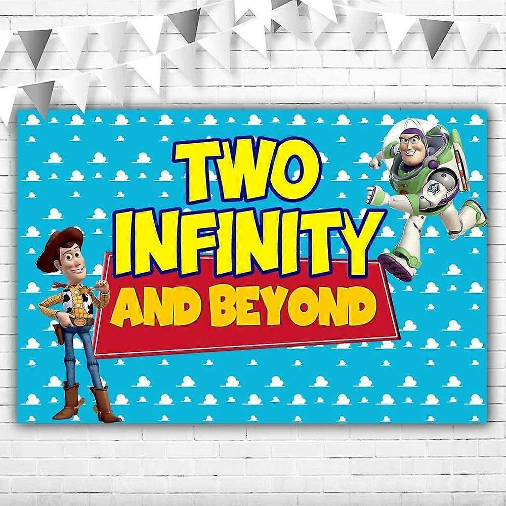 Toy Story Themed Happy Birthday Backdrop 7x5 ft, Blue Sky & Clouds with Cowboy, Buzz, and Woody Banners for Boy's 2nd Birthday Party