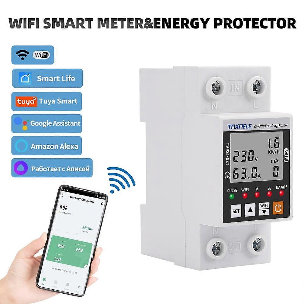 63A Tuya WiFi Smart Earth Leakage Over Under Voltage Protector Relay Device Switch Breaker Smart Life Energy Power kWh Meter