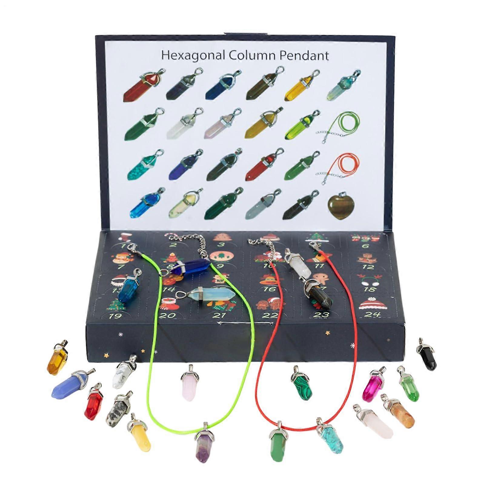 Crystal Advent Calendar Set with Natural Stone Pendant, Hexagonal Column Design for Kids and Teens