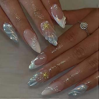 24Pcs Ocean Blue Press on Nails Medium Almond  French Fake Nails 3D Ocean Ripples Pearl Starfishs Design Nude False Nails Full Cover Glue on Nails Su
