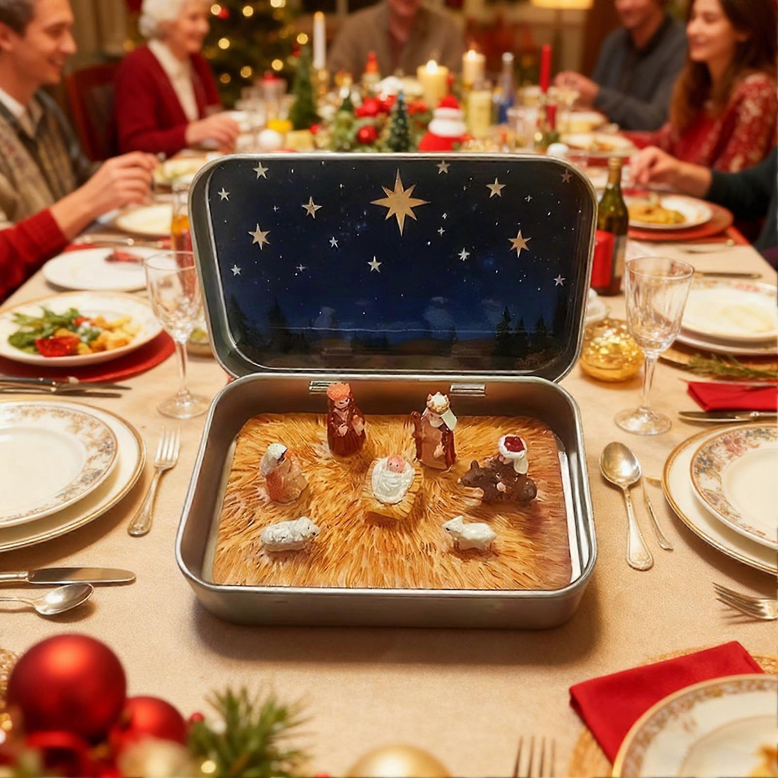 Christmas Nativity Set in Tin Box, Compact Resin Holy Family Figurines for Tabletop Decor