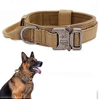 Xqpetlihai Taktisk Hundehalsbånd Justerbart Militært Nylon Hundehalsbånd med Kontrolhåndtag og Metalspænde til Mellemstore og Store Hunde (Brun, L)