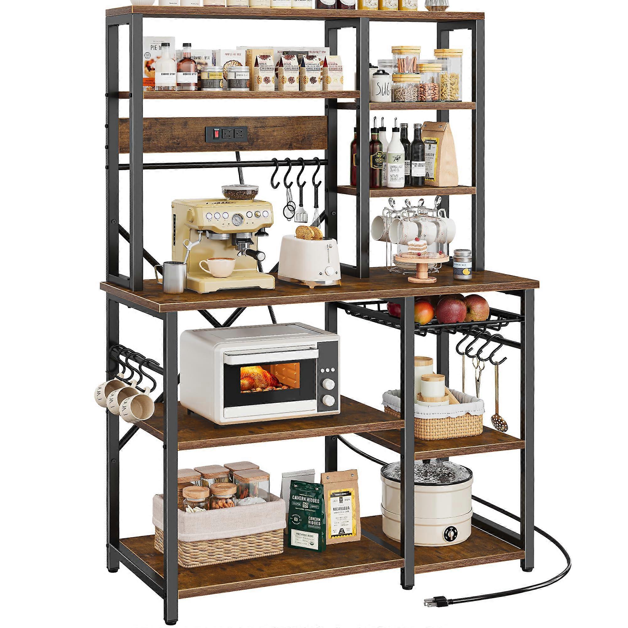 Kitchen Baker Rack with Power Outlets, 6Tier Microwave Stand with Hooks, Rustic Brown Coffee Bar