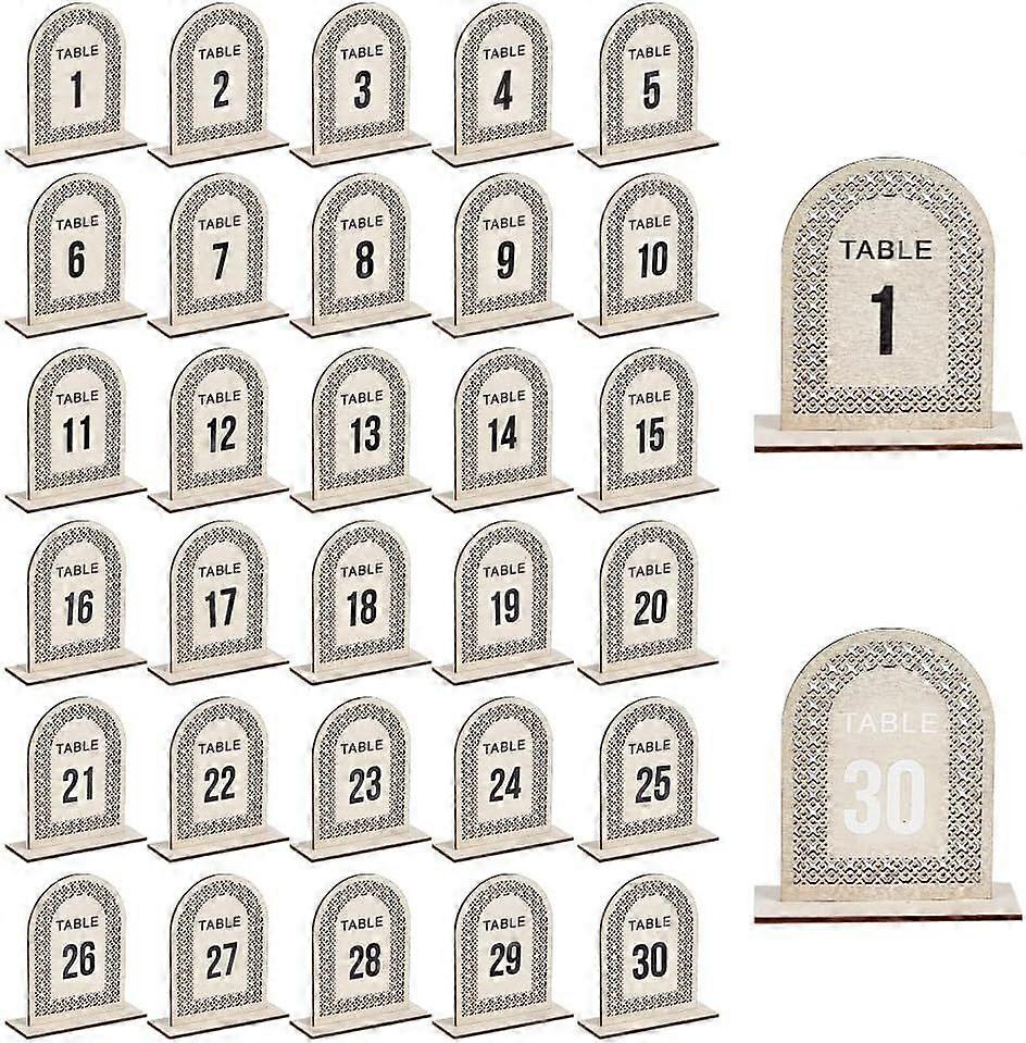 30 Sets Wooden Table Number Signs 3.1x4.3 Inch Numbers 1~30 Rattan Openwork Wooden Sign Wedding Table Numbers Stands with Base Table Number Display fo