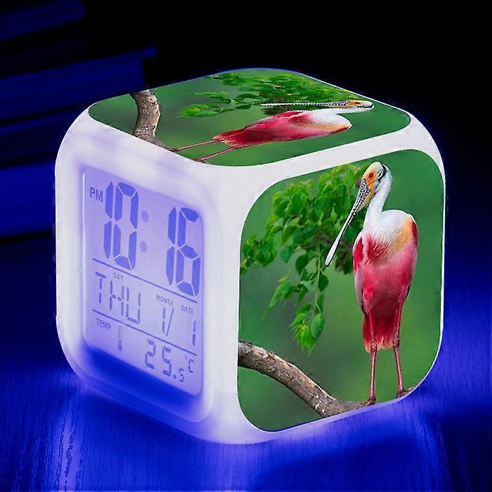 LED Seven-Color Changing Square Clock, Creative Electronic Gift Alarm Clock with Crane Pattern Desktop Clock