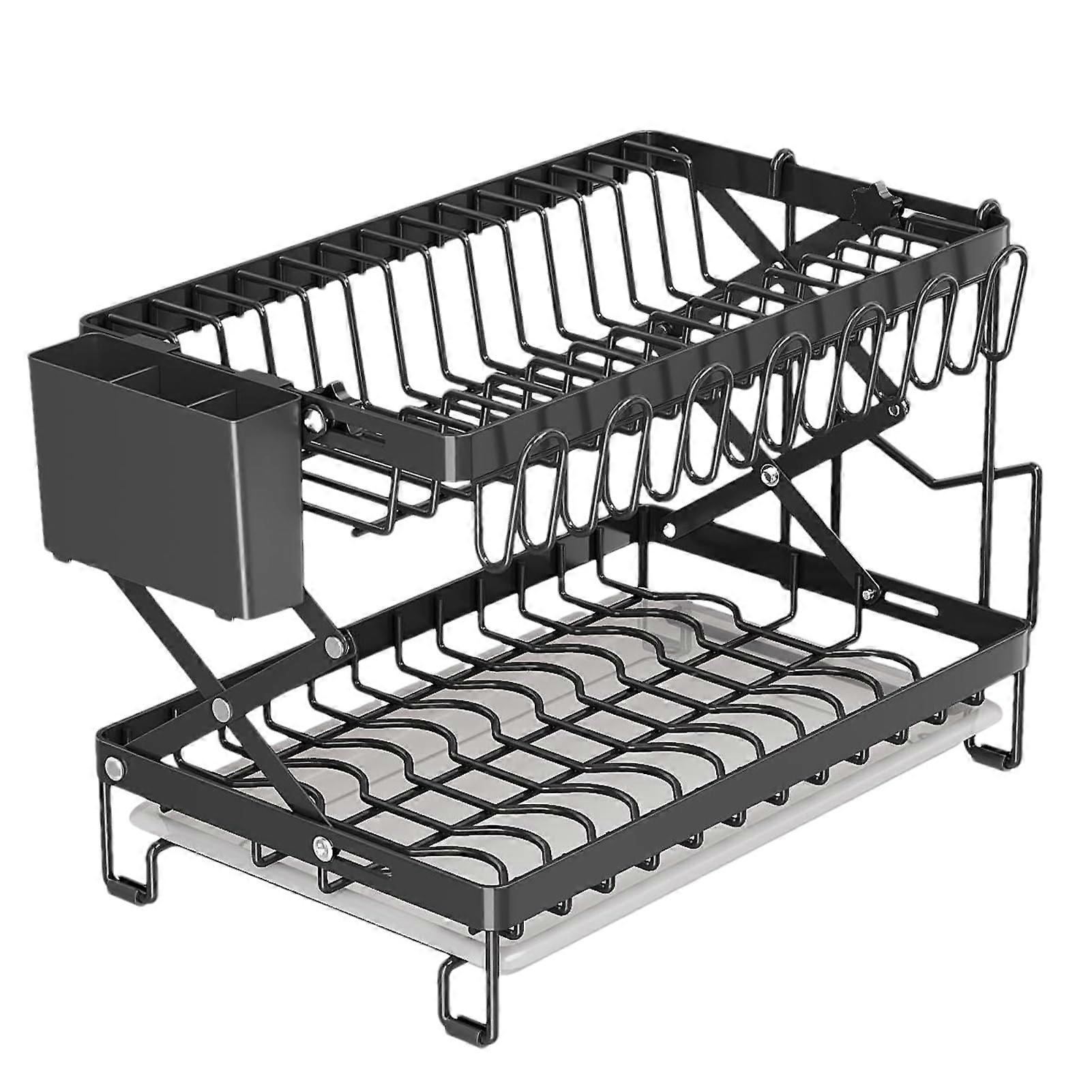 2 Tier Collapsible Dish Drying Rack Foldable SpaceSaving Double Layer Dish Drainer for Countertop Kitchen Storage Black