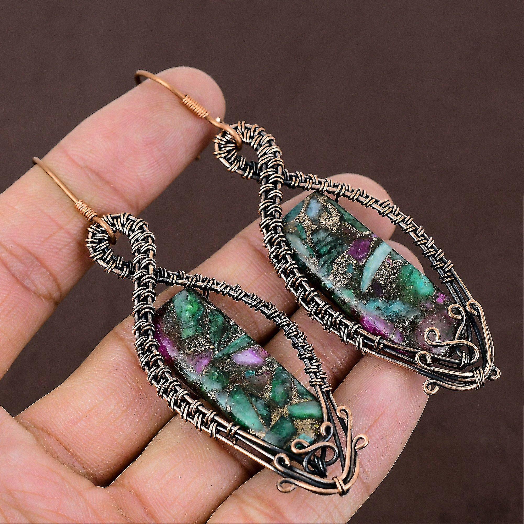 Ruby Zoisite Lab-Created Handmade Copper Wire Wrap Jewelry Earring 3.54 g9J55
