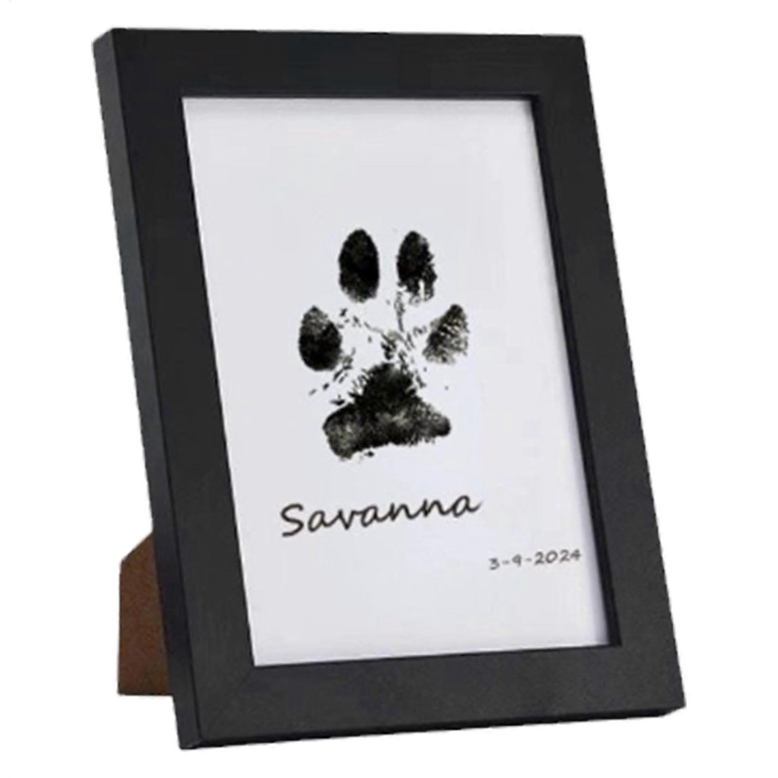 Pet Paw Print Keepsake Frame Kit with Inkless Stamp Pad, Solid Wood Photo Display, Black
