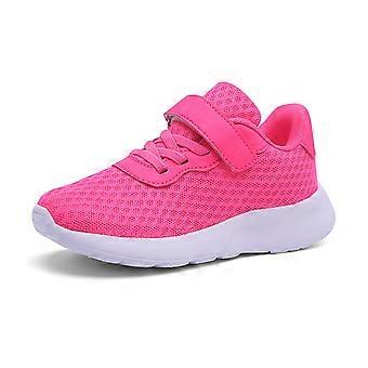 Girls Lightweight Mesh Sneakers, Comfortable Breathable Casual Shoes with Flat Thick Sole, Slip-On for School – Hot Pink, Size 31