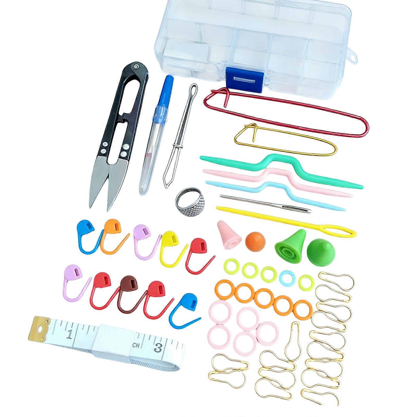 Multipurpose Knitting Tool Set Include Stitching Marker Thimble Drawstring Threader Scissors Storage Box For Crocheting Multicolor