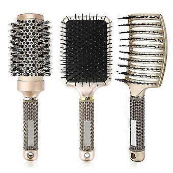 3Pcs Hair Brush Set,Boar Bristles Round Brush,Anti-static Paddle Brush