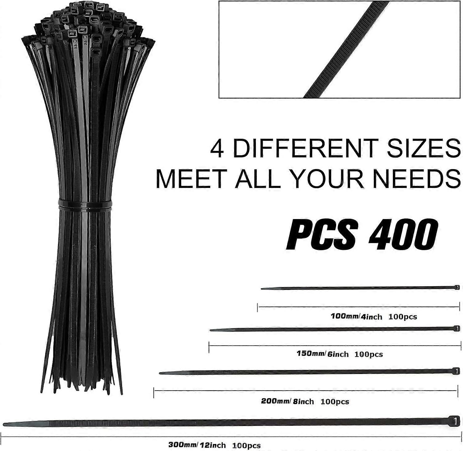 Black 400-Pack Assorted Size Cable Zip Ties, Multi-Purpose Nylon Cord Management