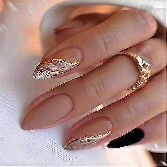 Brown Medium Almond Press on Nails Gold Glitter Fake Nails Acrylic Nail Kit for Women SalonStyle Manicure