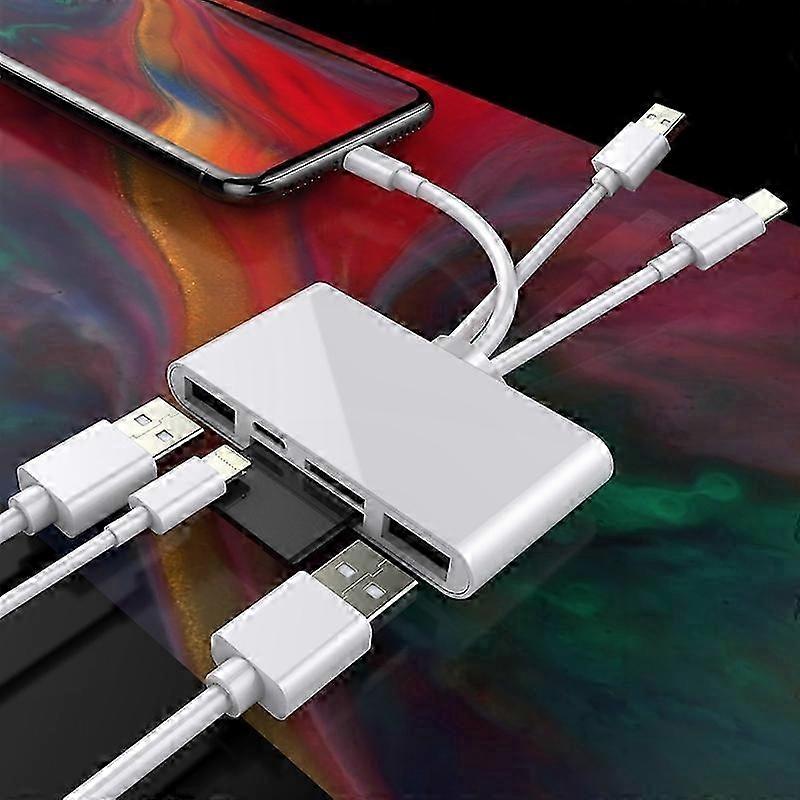 Multi-Function Camera Reader Adapter 5-in-1 with 8-Pin, USB-C, USB Ports & SD, TF Card Slots